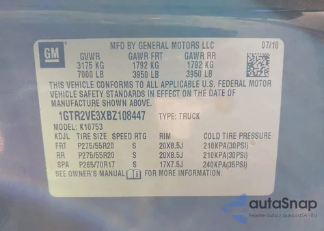 2011 GMC Sierra 1500 Sle z USA, uszkodzony, nr VIN 1GTR2VE3XBZ108447